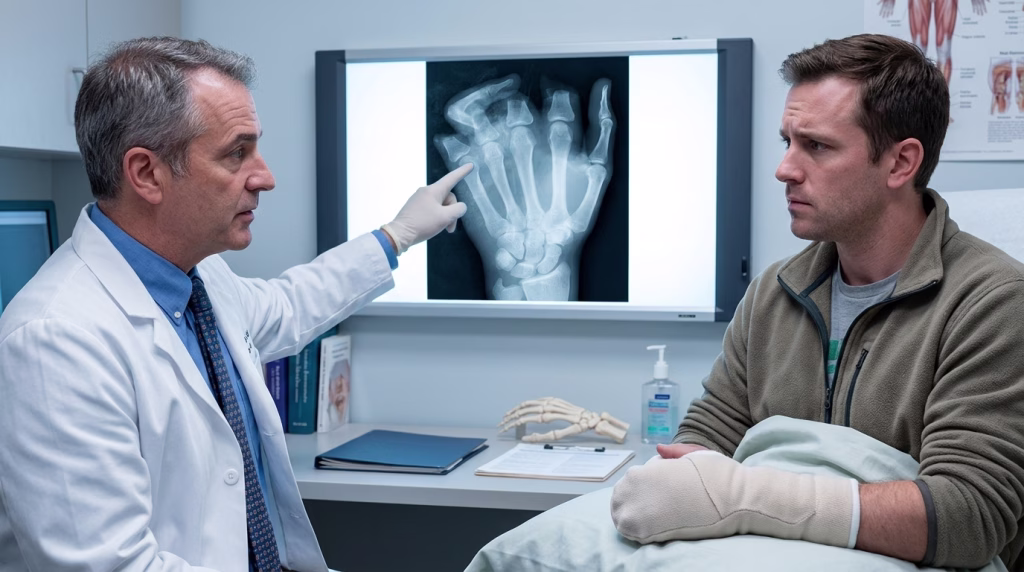 A doctor explains the severity of his patient's injuries. The xray shows a hand that has lost multiple fingers.